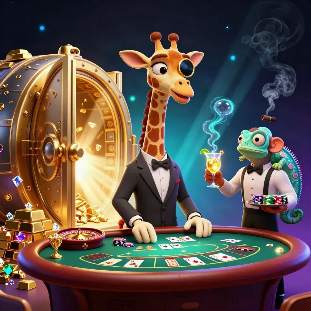 Giraffe high roller, monkey valet, and chameleon bartender in a glowing casino vault room.