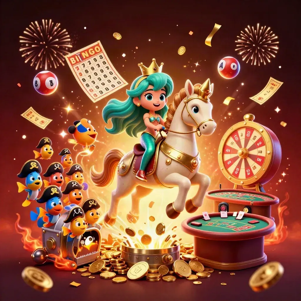 Mermaid princess on golden seahorse amid casino loot, fireworks, coins, and flying game pieces.