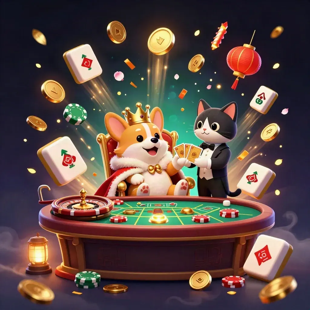 Crowned corgi and cat butler amid casino treasures, coins, lanterns, fireworks, and glowing chips