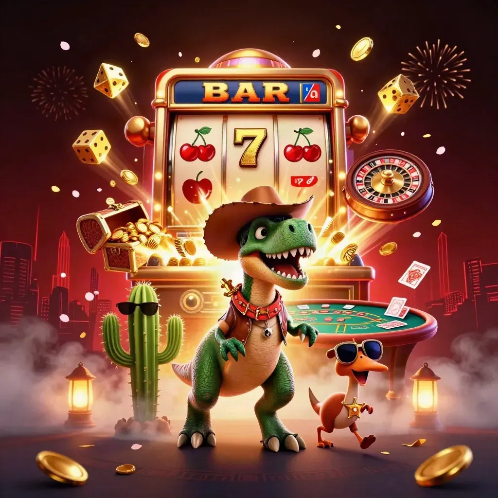 Cowboy T-rex trio with casino jackpot burst, coins, cards, and fireworks in a dark luxe glow